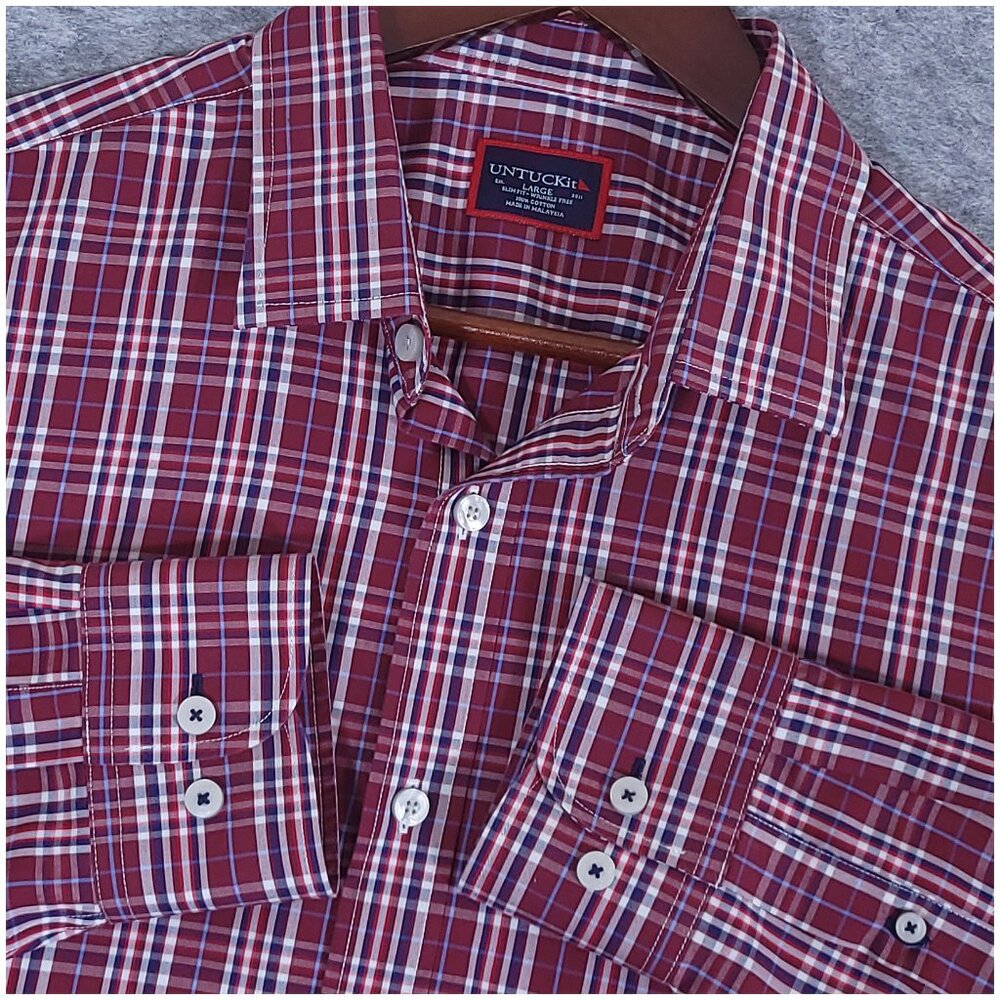 Untuckit Slim Fit Wrinkle Free Burgundy Plaid Long Sleeve Cotton Shirt Large